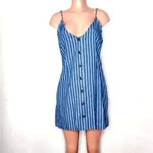 Tobi Dresses Tobi Blue Striped Mini Shift Dress Full Button